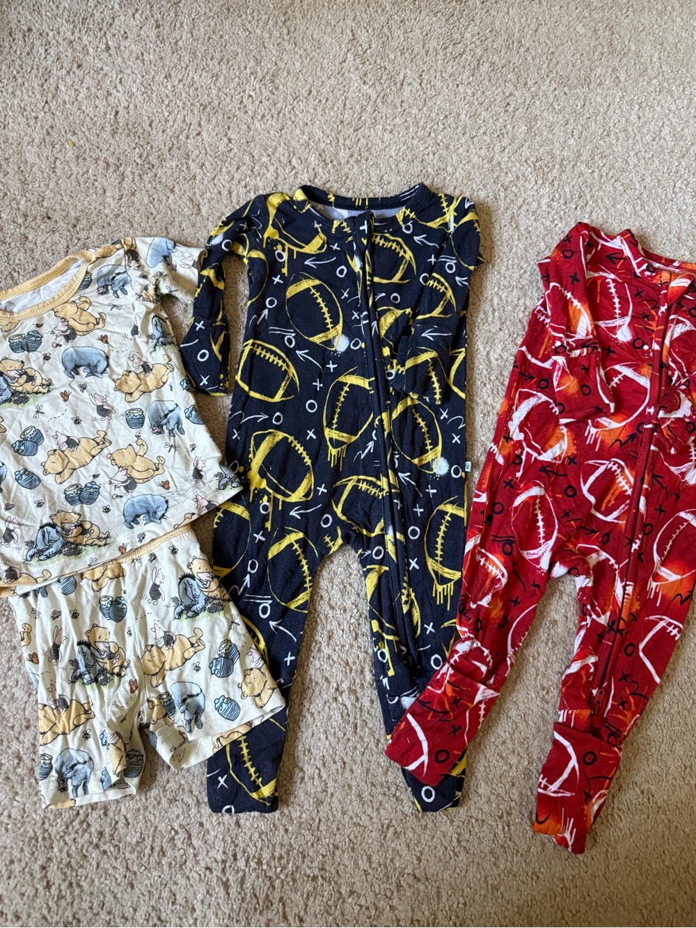 3 bamboo pajamas 2 Football Print Zip Footed, Pooh bear short sleeve bamboo set